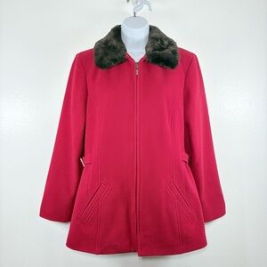 Collection by Gallery Red Wool Blend Pea Coat with Beaver Pile Collar SzM